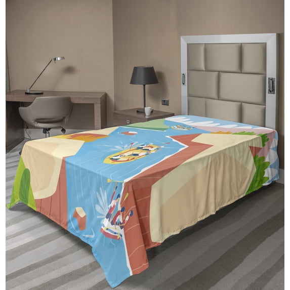 Ambesonne Travel Flat Sheet, Rafting on River Cartoon, Twin Size, Multicolor