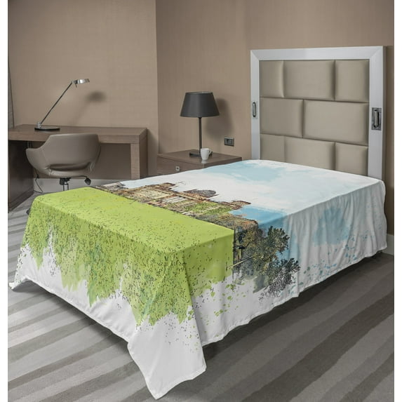 Ambesonne Travel Flat Sheet, Reichstag Building Painting, TwinXL Size, Apple Green Pale Blue