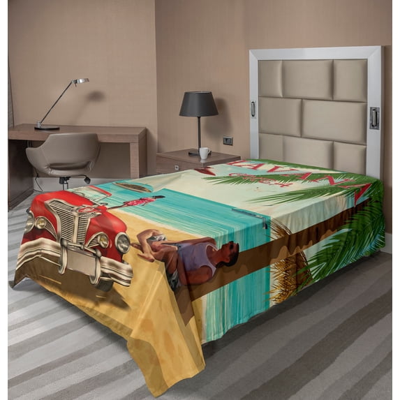 Ambesonne Travel Flat Sheet, Retro Havana Cuba Car Beach, Twin Size, Multicolor