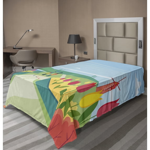 Ambesonne Travel Flat Sheet, Rural Spring Landscape, Twin Size, Multicolor