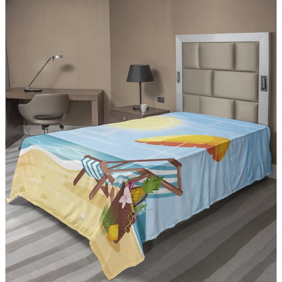 Ambesonne Travel Flat Sheet, Sea Shore Beach Umbrella, Twin Size, Multicolor