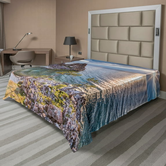 Ambesonne Travel Flat Sheet, Shaman Rock Russia, California King, Green Brown Blue