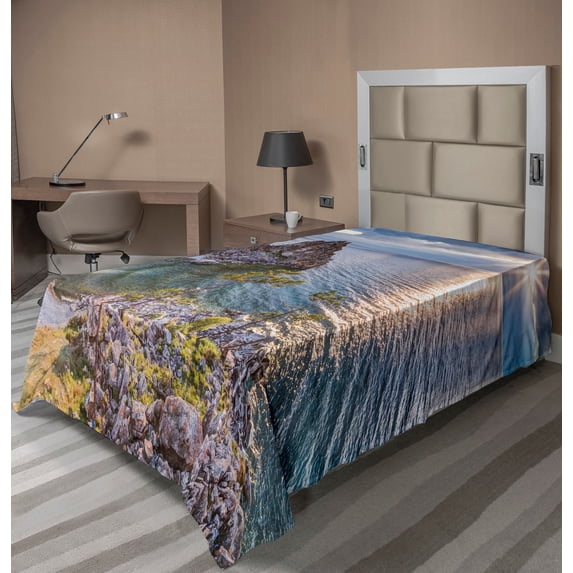 Ambesonne Travel Flat Sheet, Shaman Rock Russia, Twin Size, Green Brown Blue