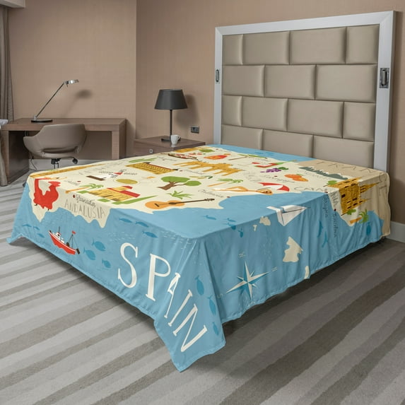 Ambesonne Travel Flat Sheet, Spain Mapping Calligraphy, Full Size, Multicolor