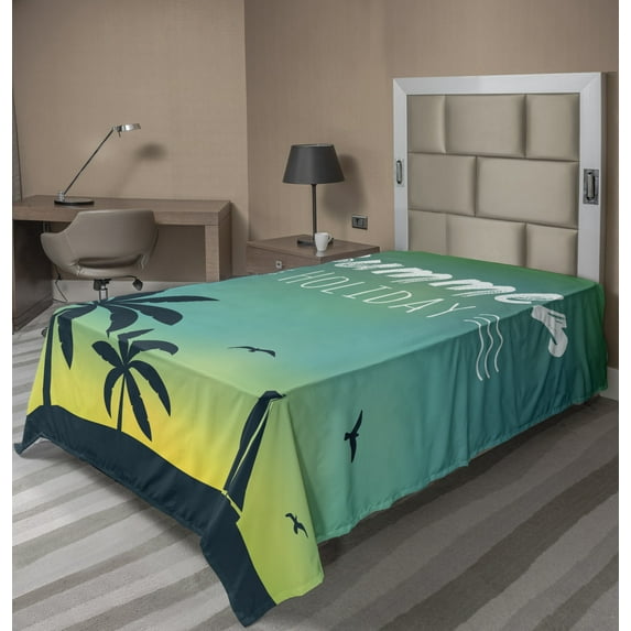 Ambesonne Travel Flat Sheet, Summer Palm and Sailboat, TwinXL Size, Dark Seafoam Multicolor