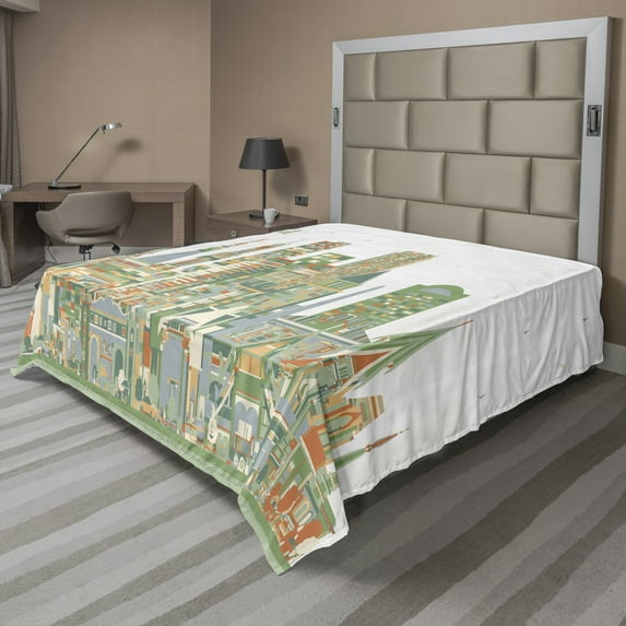 Ambesonne Travel Flat Sheet, Thailand Buildings, Full Size, White Reseda Green