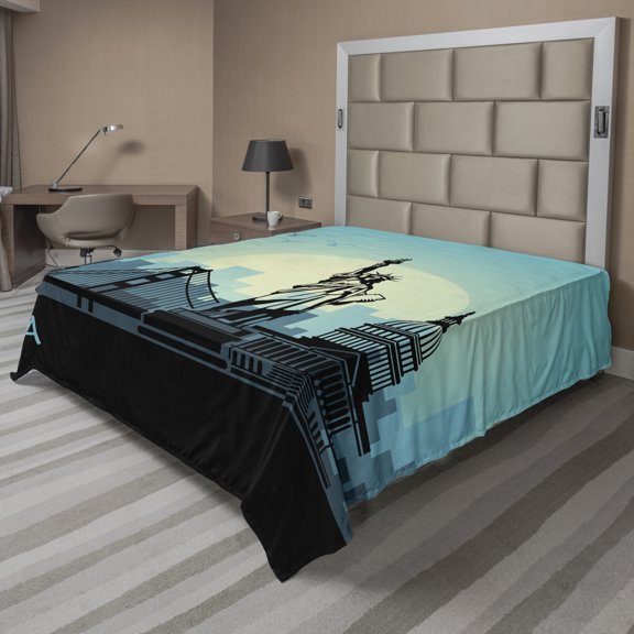 Ambesonne Travel Flat Sheet, USA Skyscrapers City Skyline, King Size, Pale Blue and Charcoal Grey