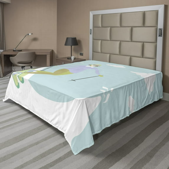 Ambesonne Travel Flat Sheet, Woman Skiing Winter Holiday, King Size, Pale Blue and Multicolor