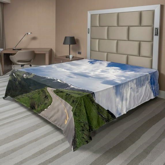Ambesonne Travel Flat Sheet, Yellowstone National Park, Queen Size, Evergreen Azure Blue