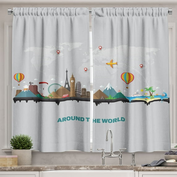 Ambesonne Travel Kitchen Curtains, Around the World Landmarks, 55"x45", Pale Grey and Multicolor