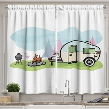 Ambesonne Travel Kitchen Curtains, Cartoon Style Camping Scene, 55"x39", Multicolor