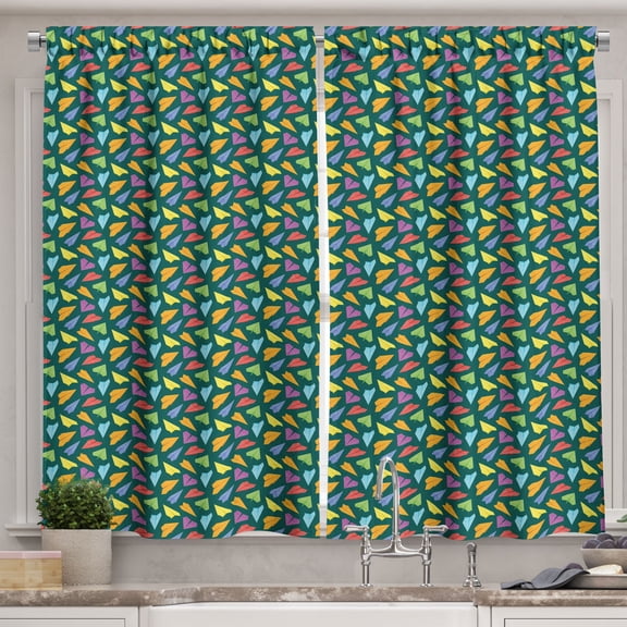 Ambesonne Travel Kitchen Curtains, Colorful Paper Planes Plot, 55"x30", Apple Green and Pale Orange