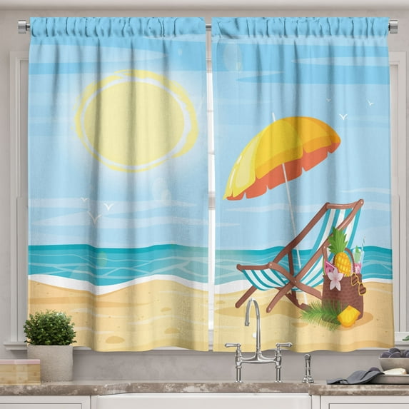 Ambesonne Travel Kitchen Curtains, Sea Shore Beach Umbrella, 55"x24", Multicolor