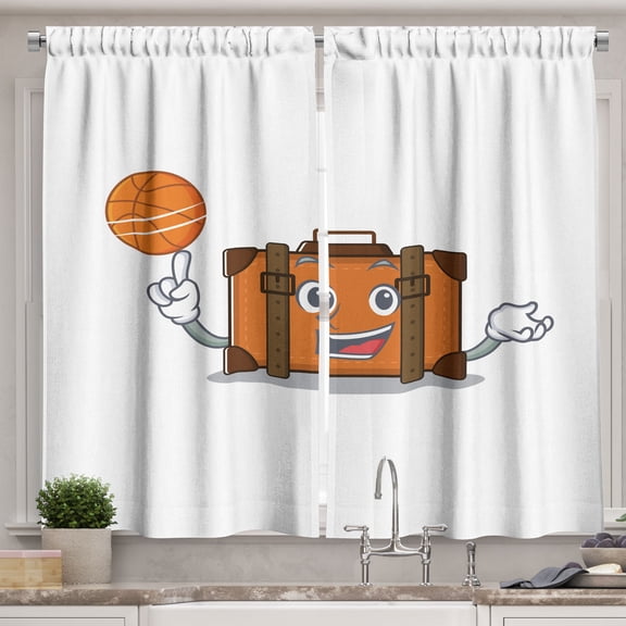 Ambesonne Travel Kitchen Curtains, Suitcase and Basketball Fun, 55"x24", Amber Marigold and Brown