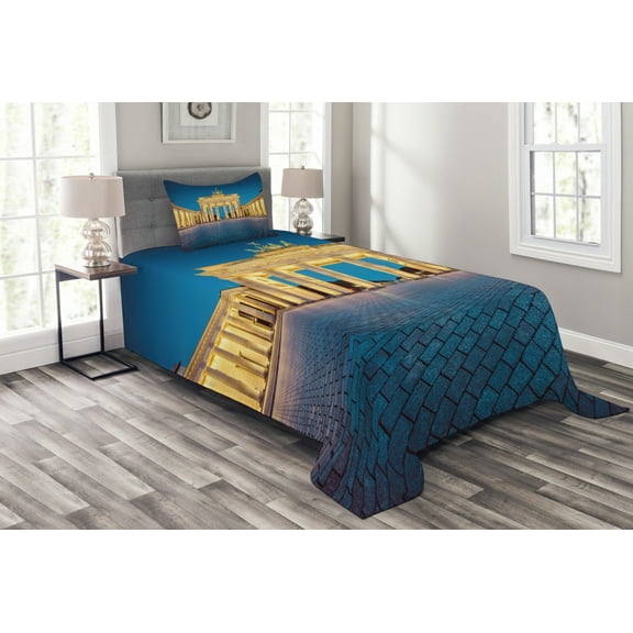 Ambesonne Travel Quilted Bedspread Set 2 Pcs, Brandenburg Gate, Twin Size, Blue Yellow Pink