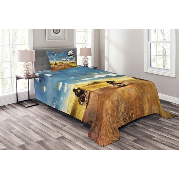 Ambesonne Travel Quilted Bedspread Set 2 Pcs, Motorcycles Countryside, Twin Size, Multicolor
