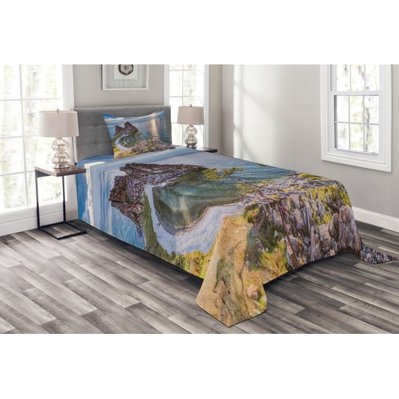 Ambesonne Travel Quilted Bedspread Set 2 Pcs, Shaman Rock Russia, Twin Size, Green Brown Blue