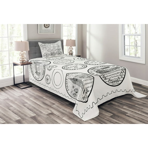 Ambesonne Travel Quilted Bedspread Set 2 Pcs, Stamps Famous Landmarks, Twin Size, Black White