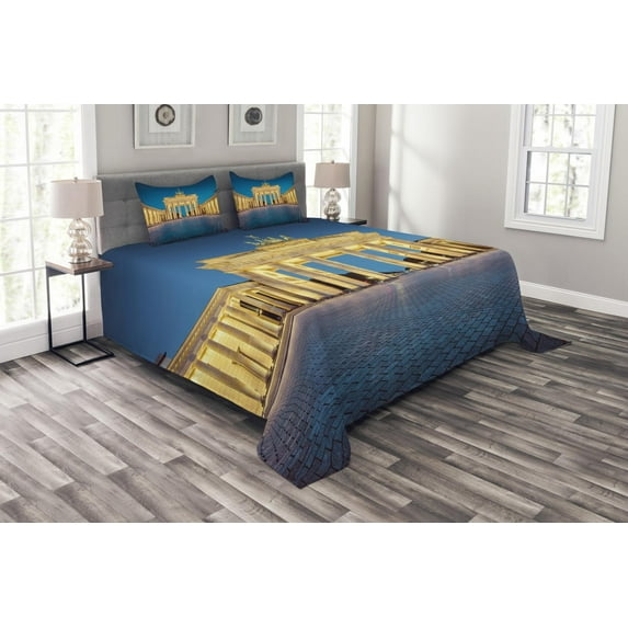 Ambesonne Travel Quilted Bedspread Set 3 Pcs, Brandenburg Gate, Queen Size, Blue Yellow Pink