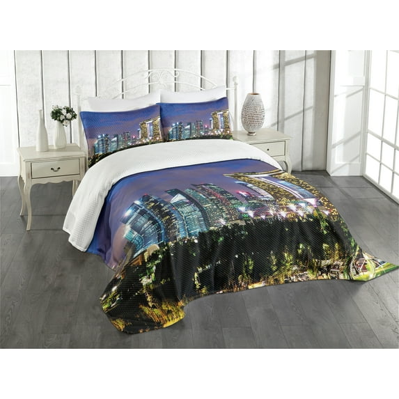 Ambesonne Travel Quilted Bedspread Set 3 Pcs, Singapore City, Queen Size, Multicolor