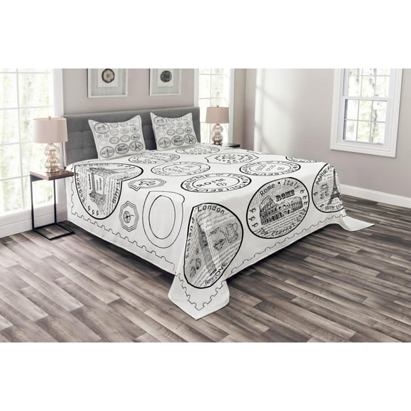 Ambesonne Travel Quilted Bedspread Set 3 Pcs, Stamps Famous Landmarks, Queen Size, Black White