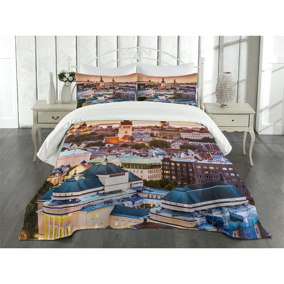 Ambesonne Travel Quilted Bedspread Set 3 Pcs, Tallinn Estonia City, King Size, Multicolor