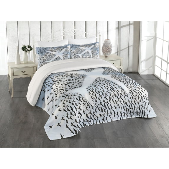 Ambesonne Travel Quilted Coverlet 3 Pcs, Hummingbird Vacation, King Size, Pale Blue Black White