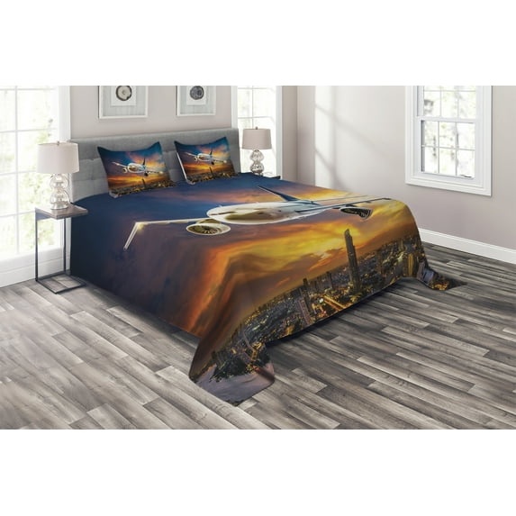 Ambesonne Travel Quilted Coverlet 3 Pcs, Night Scene with Plane, King Size, Orange Blue