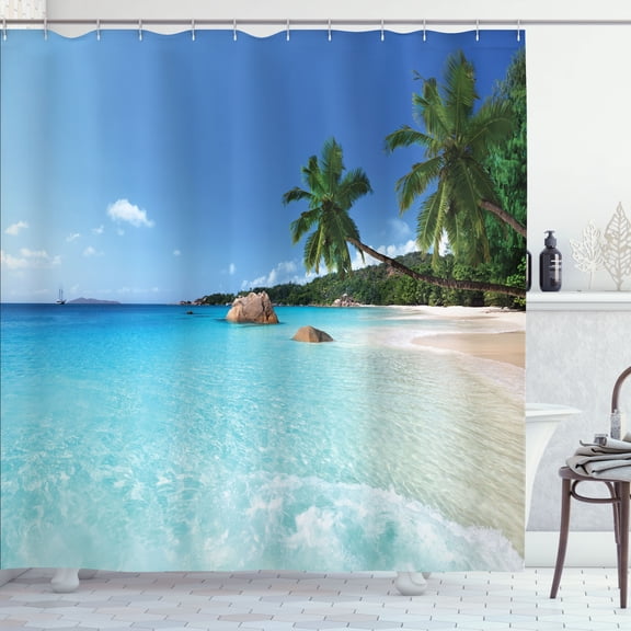 Ambesonne Travel Shower Curtain, Anse Lazio Beach Surf, 69"Wx70"L, Turquoise Blue Green