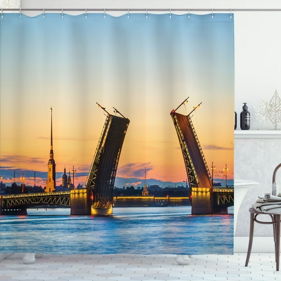 Ambesonne Travel Shower Curtain, Bridge Seascape Sunset, 69"Wx75"L, Orange Blue
