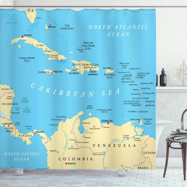Ambesonne Travel Shower Curtain, Caribbean Capitals Map, 69"Wx70"L, Blue Ivory