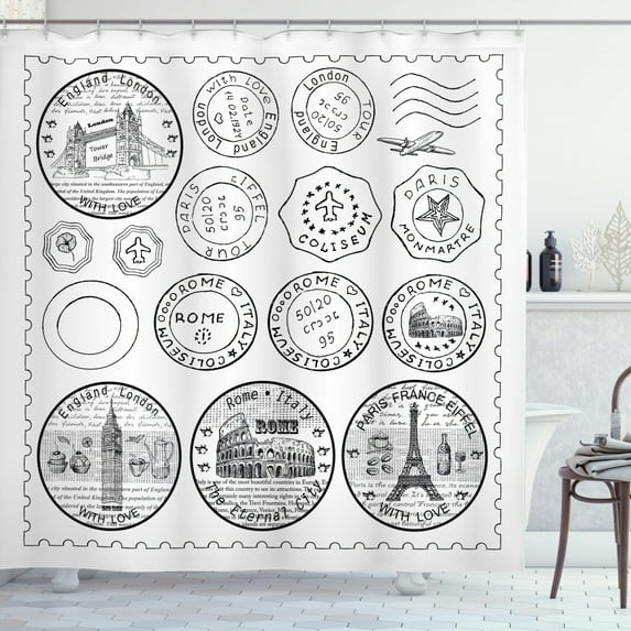 Ambesonne Travel Shower Curtain, Stamps Famous Landmarks, 69"Wx70"L, Black White
