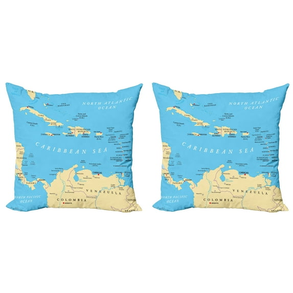 Ambesonne Travel Throw Pillow Cover 2 Pack, Caribbean Capitals Map, 16", Blue Ivory