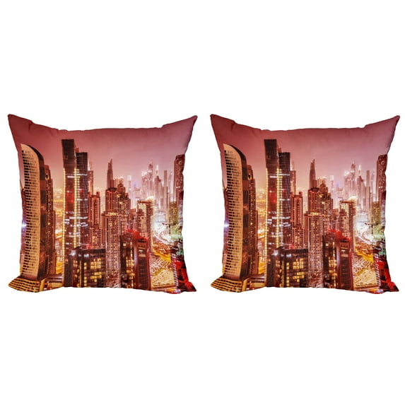 Ambesonne Travel Throw Pillow Cover 2 Pack, Dubai Night Cityscape, 16", Multicolor