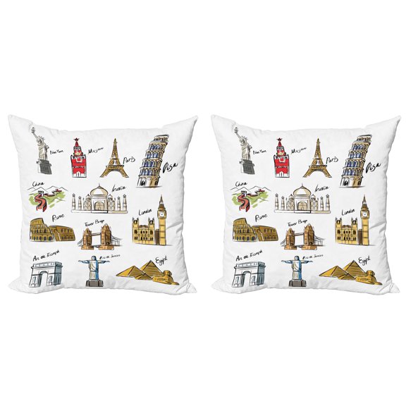 Ambesonne Travel Throw Pillow Cover 2 Pack, Famous Landmarks Tourism, 24", Multicolor