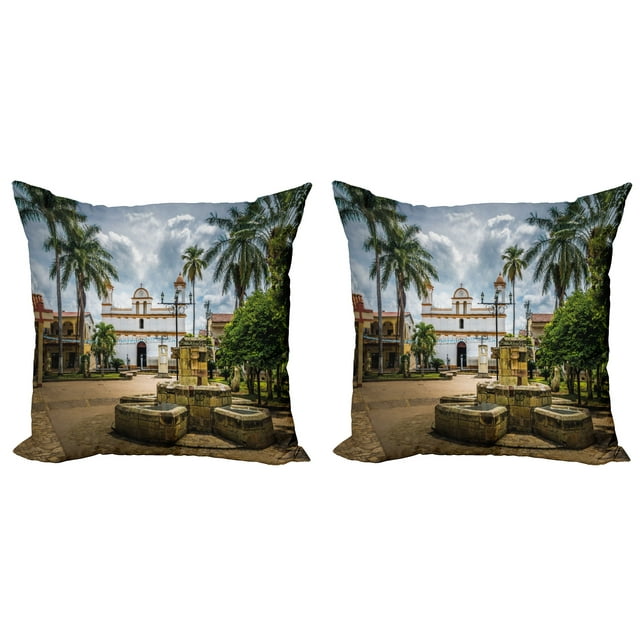 Ambesonne Travel Throw Pillow Cover 2 Pack, Mayan Town with Palms, 24", Multicolor