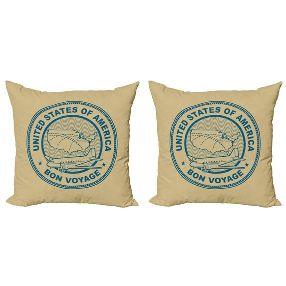 Ambesonne Travel Throw Pillow Cover 2 Pack, United States Map Plane, 24", Tan and Blue