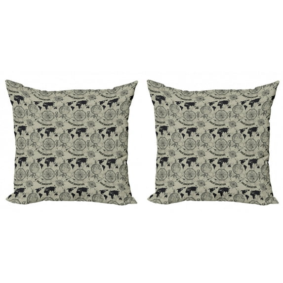 Ambesonne Travel Throw Pillow Cover 2 Pack, Vintage Adventure Art, 20", Dusk and Charcoal Grey