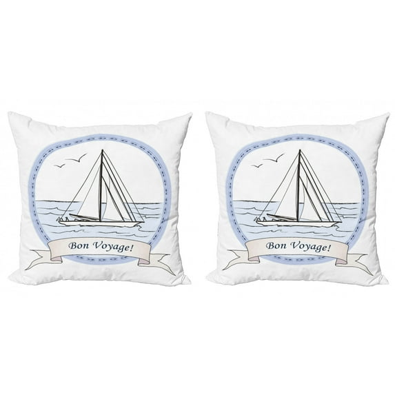 Ambesonne Travel Throw Pillow Cover 2 Pack, Yatch in Ocean, 18", Pale Blue White Lilac