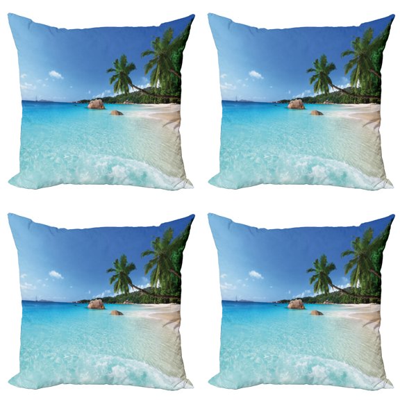 Ambesonne Travel Throw Pillow Cover 4 Pack, Anse Lazio Beach Surf, 24", Turquoise Blue Green