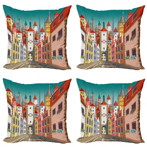 Ambesonne Travel Throw Pillow Cover 4 Pack, Historic European Houses, 24", Teal Multicolor