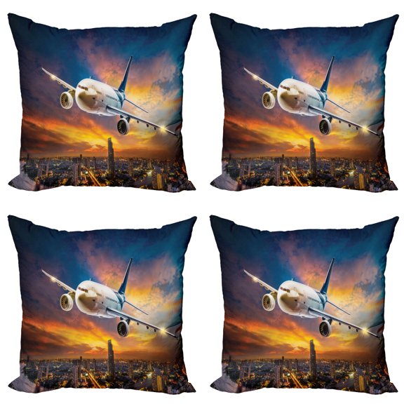 Ambesonne Travel Throw Pillow Cover 4 Pack, Night Scene with Plane, 24", Orange Blue