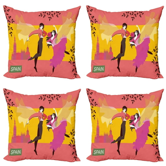 Ambesonne Travel Throw Pillow Cover 4 Pack, Spanish Dancer Woman and Man, 16", Coral Multicolor