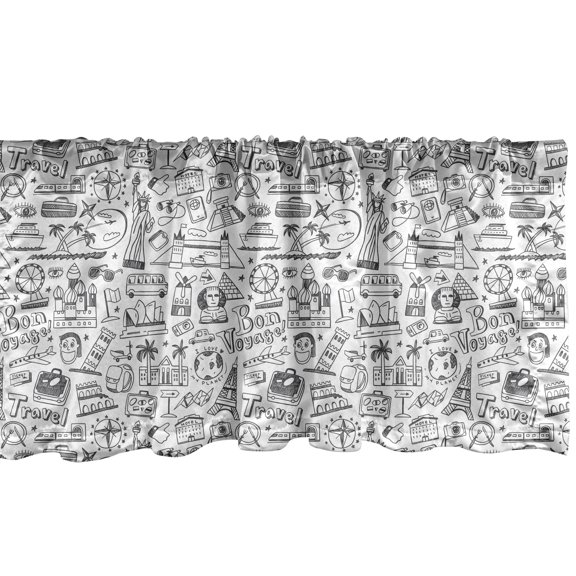 Ambesonne Travel Window Valance, Travel Sketch Style, 54" X 12", Charcoal Grey and White