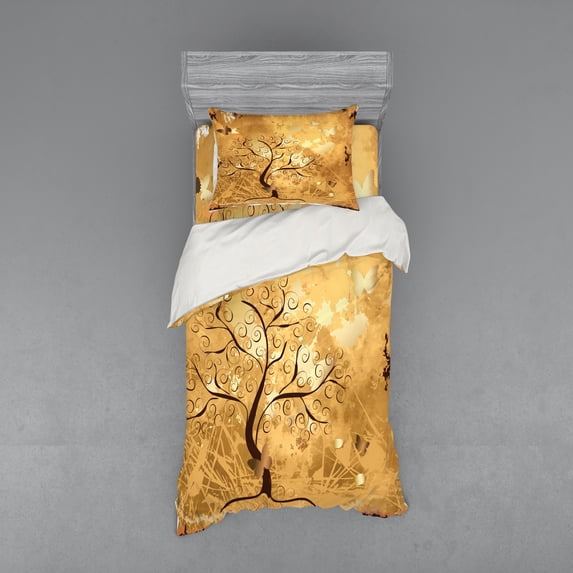 Ambesonne Tree Bedding Set 3 Pcs, Branches and Butterfly, Twin XL, Yellow and Pale Brown