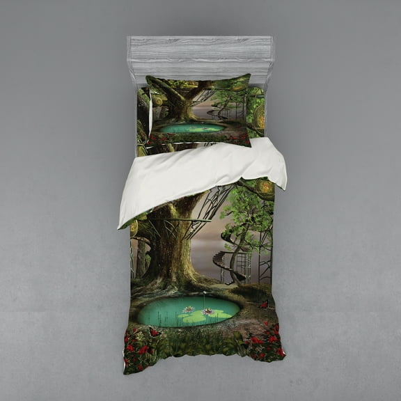 Ambesonne Tree Bedding Set 3 Pcs, Enchanted Tree Fort Pond, Twin, Green Brown Jade Green