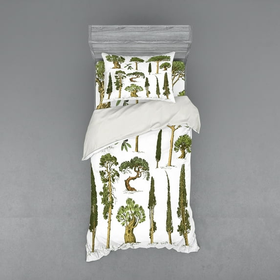 Ambesonne Tree Bedding Set 3 Pcs, Forest Growth Ecology, Twin, Pale Brown Green