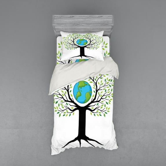 Ambesonne Tree Bedding Set 3 Pcs, Green Friendly Earth, Twin XL, Green Black Blue