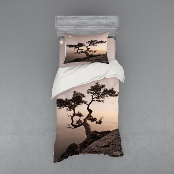 Ambesonne Tree Bedding Set 3 Pcs, Lonely Juniper Tree Fall, Twin XL, Brown Grey