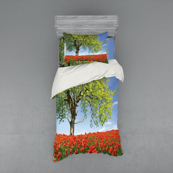 Ambesonne Tree Bedding Set 3 Pcs, Spring Scenery Flowers, Twin, Green Red Blue